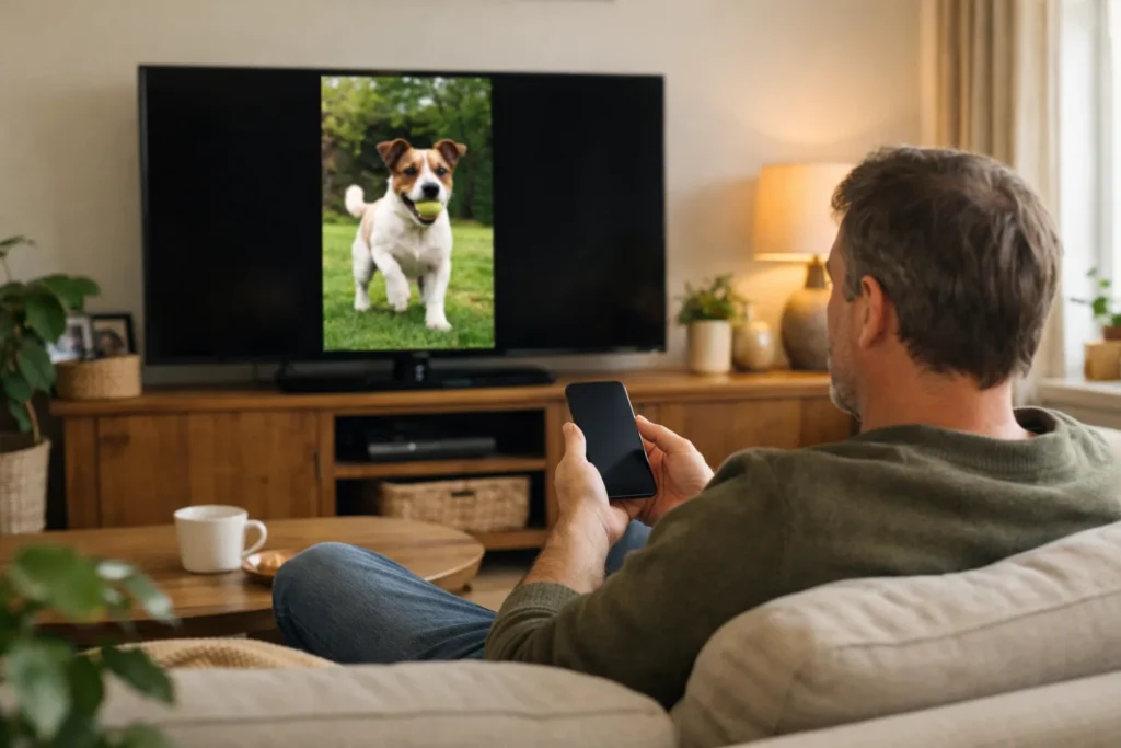 Jemand bedient auf dem Sofa ein iPhone, während auf dem Fernseher ein Video im Hochformat abgespielt wird.
