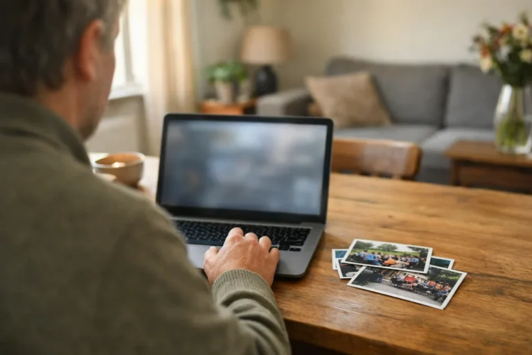 Person betrachtet am Esstisch einen Laptop, daneben liegen Fotos von einem Nachbarschaftstreffen.