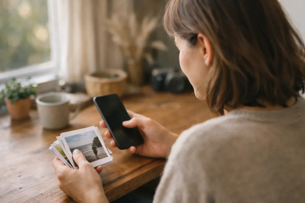 Jemand betrachtet an einem Tisch ein Smartphone, um alte Stories im eigenen Profil aufzuräumen.