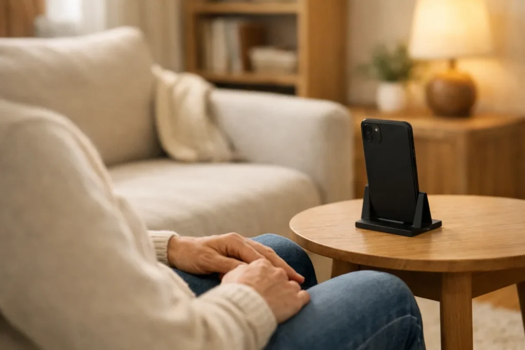 Eine Person betrachtet ein Smartphone in einer Halterung, ohne den Bildschirm zu berühren.