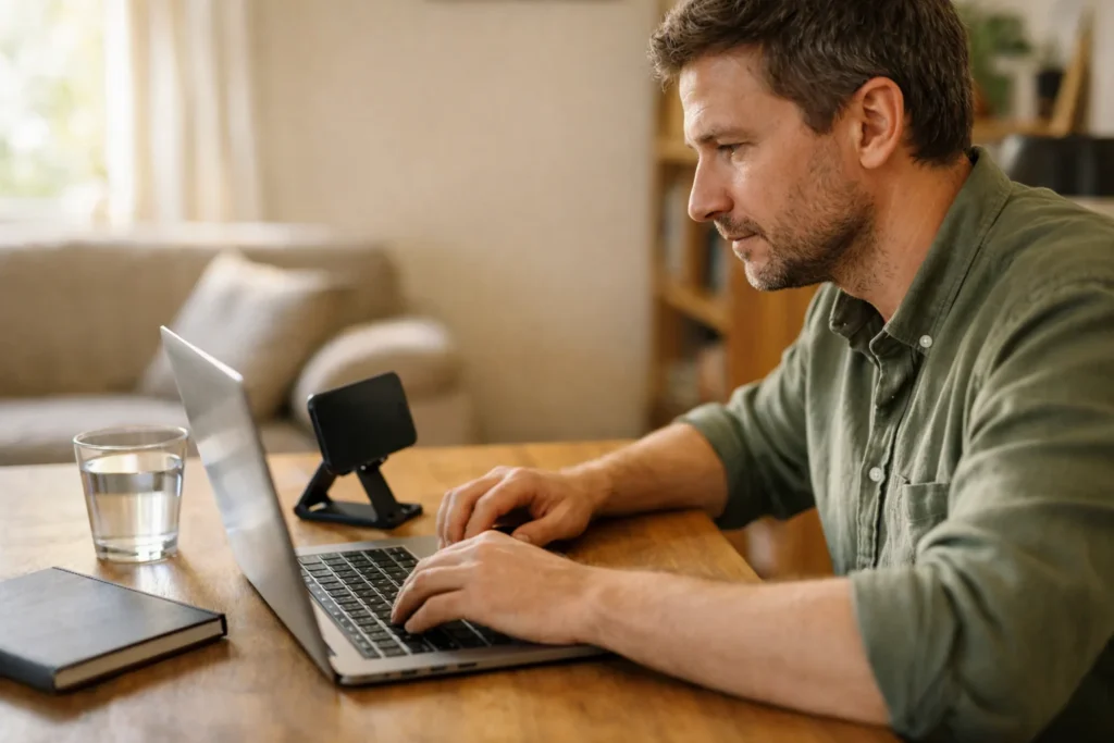 Person an einem Tisch, die mit einem Smartphone und Laptop ein Live Gespräch verfolgt.