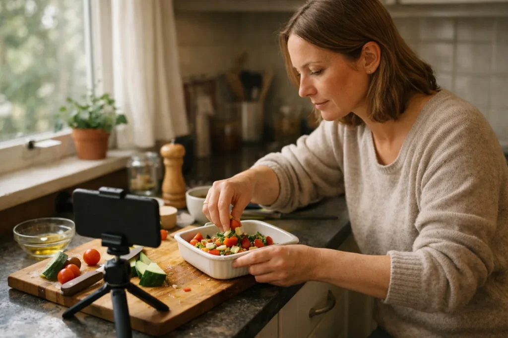 Angehender Instagram Ersteller filmt in der Küche die Zubereitung einer Mahlzeit für eine Person.