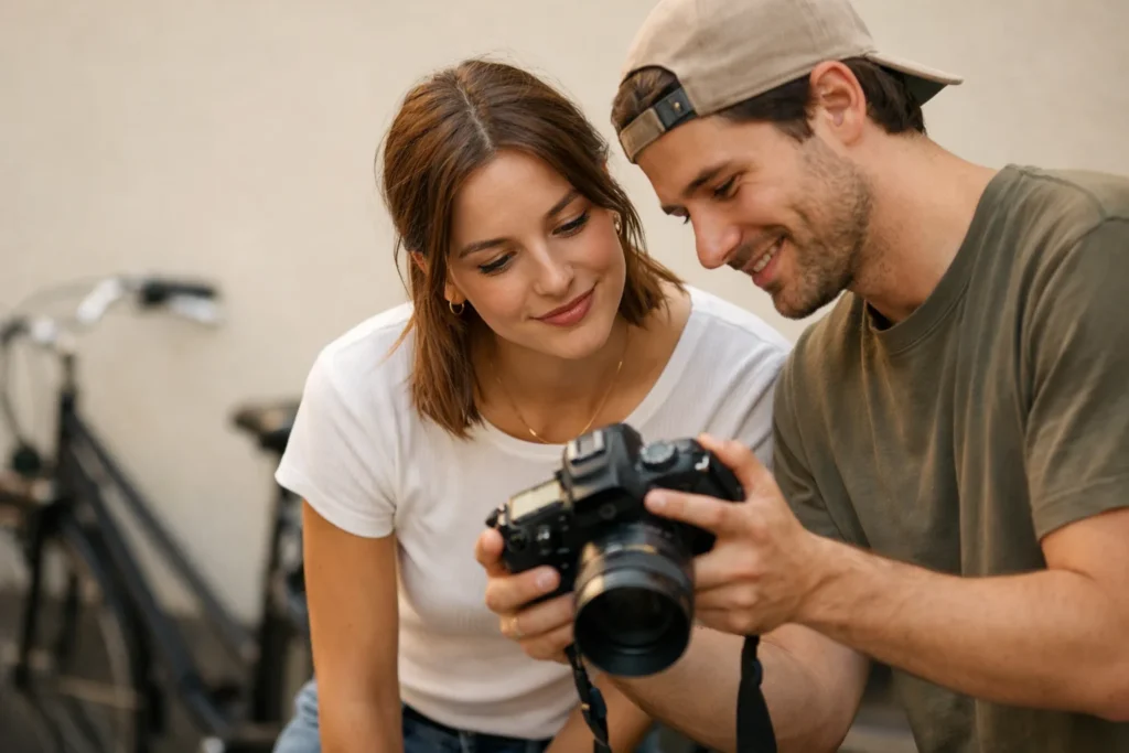 Angehendes Model betrachtet gemeinsam mit einem Freund draußen während einer Portfoliosession die aufgenommenen Fotos.