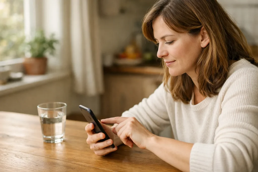 Eine Person betrachtet an einem hölzernen Küchentisch ein Smartphone.
