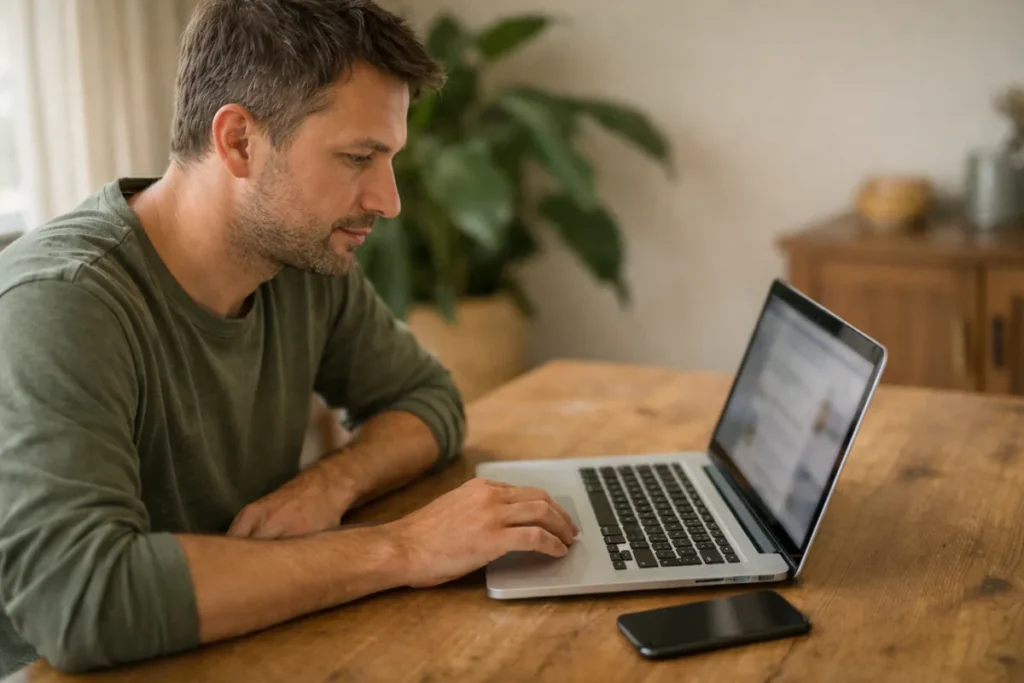 Person betrachtet beim Verwalten einer Facebook Seite einen Laptop am Küchentisch.