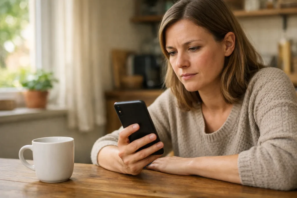 Person betrachtet zu Hause ein Telefon, um unerwünschten Kontakt auf Instagram zu blockieren.