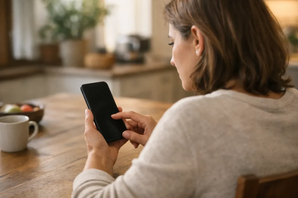 Person betrachtet ein Smartphone an einem hölzernen Küchentisch.