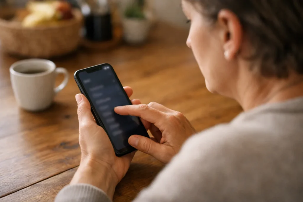 Ein Erwachsener betrachtet am Küchentisch ein iPhone, um die Nutzung von TikTok einzuschränken.