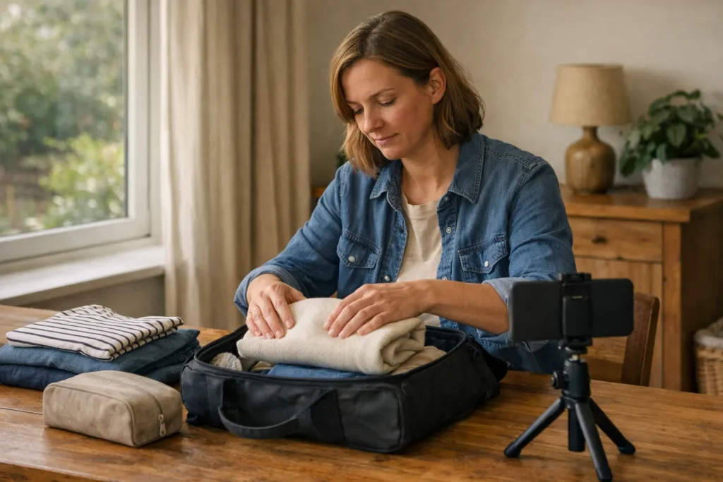 Person filmt zu Hause mit einem Smartphone, wie Kleidung in eine kleine Wochenendtasche gepackt wird.