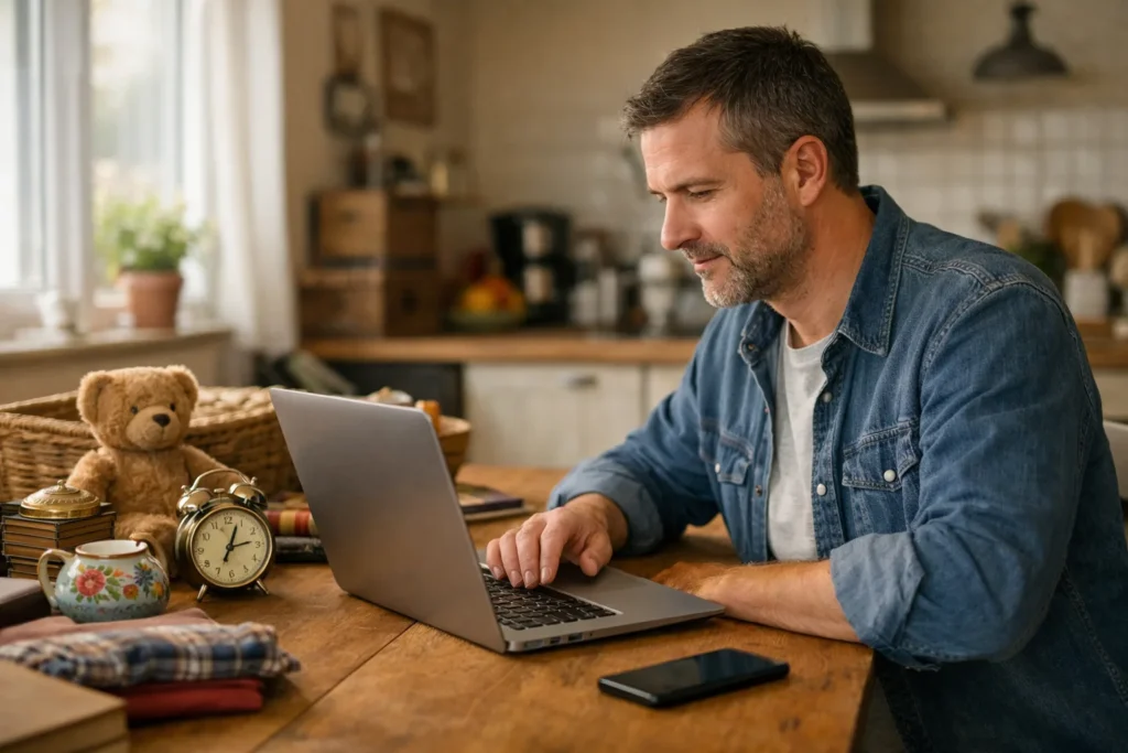 Person am Küchentisch, die auf einem Laptop einen Beitrag über einen Nachbarschaftsflohmarkt vorbereitet.