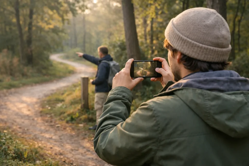 Ein Wanderer filmt mit einem Smartphone einen Waldweg für einen Instagram Beitrag über Wanderrouten.