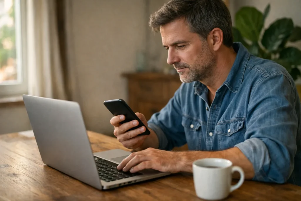 Person betrachtet auf einem Laptop und einem Smartphone Informationen zum Kauf von Facebook Followern.