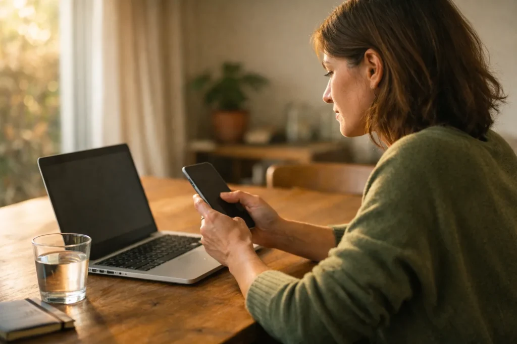 Person an einem Esstisch, die mit einem Smartphone und Laptop den Kauf von Instagram Followern bewertet.