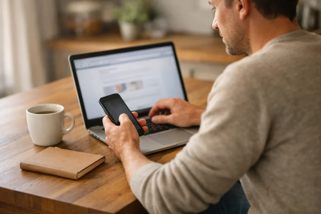 Person an einem Küchentisch, die auf einem Laptop und Telefon Informationen zum Kauf von Instagram Likes betrachtet.
