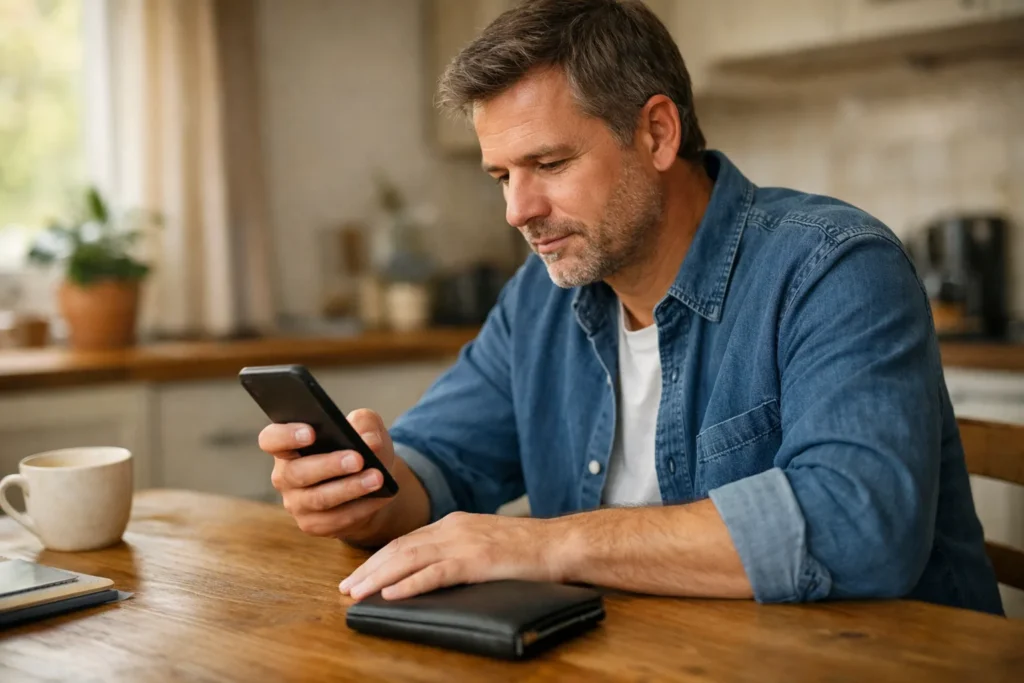 Eine erwachsene Person prüft zu Hause einen Kauf auf dem Smartphone, mit einer Geldbörse auf dem Tisch.