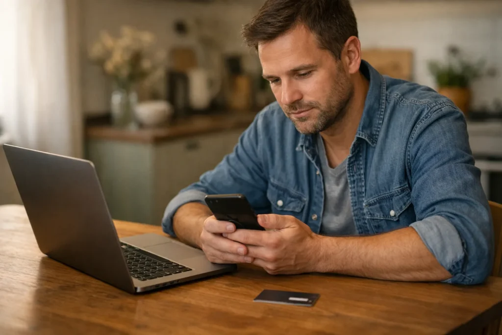 Person betrachtet ein Telefon neben einem Laptop und einer Bankkarte, bevor sie einen Onlinekauf tätigt.