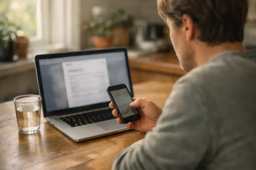 Eine Person prüft an einem Küchentisch mit Smartphone und Laptop eine Abonnementzahlung.