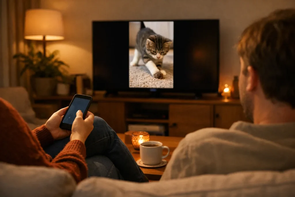 Zwei Personen sehen sich ein Hochkantvideo auf dem Fernseher an, während eine von ihnen ein Smartphone bedient.