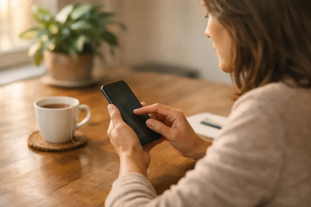 Person am Küchentisch, die einen Profiltext auf einem Smartphone anpasst.
