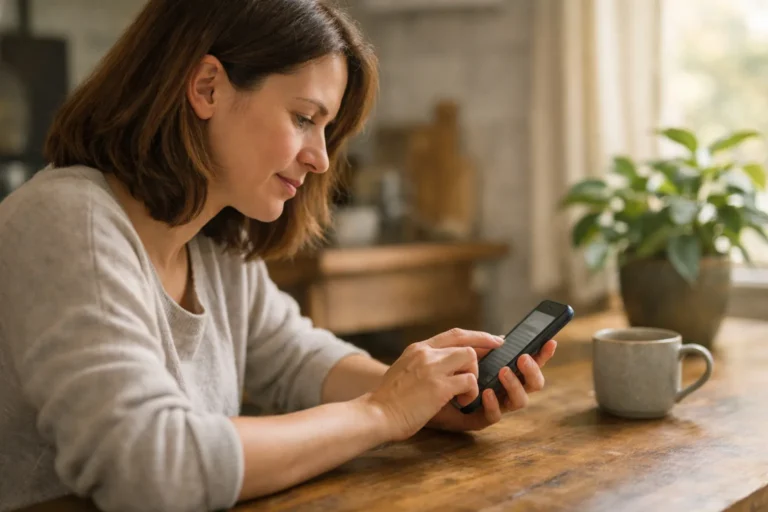 Person, die zu Hause am Küchentisch einen Profiltext auf ihrem Smartphone bearbeitet.