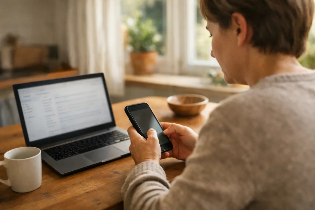 Person, die am Küchentisch ein Smartphone verwendet, daneben ein Laptop.