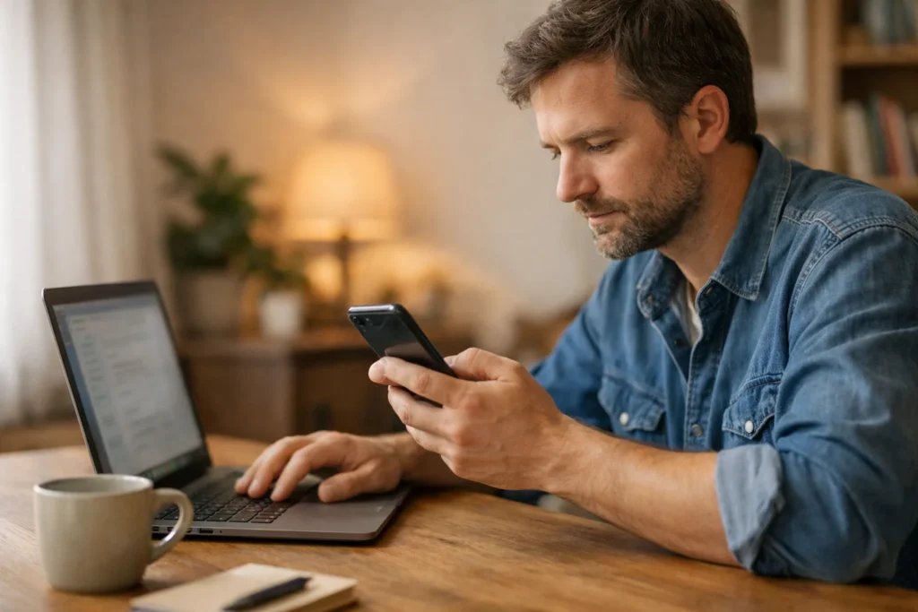 Jemand betrachtet ein Smartphone und hat einen Laptop daneben, um eine E Mail Adresse zu ändern.