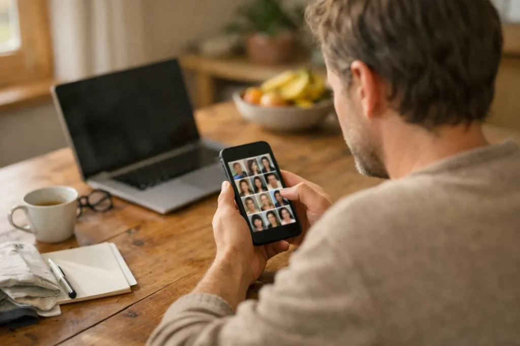 Person betrachtet am Küchentisch ein Smartphone, um ein neues Profilbild auszuwählen.