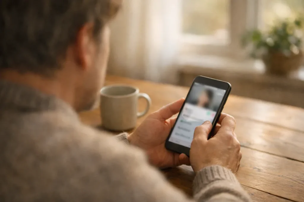 Person, die an einem Tisch auf einem Smartphone den Text eines sozialen Profils betrachtet.
