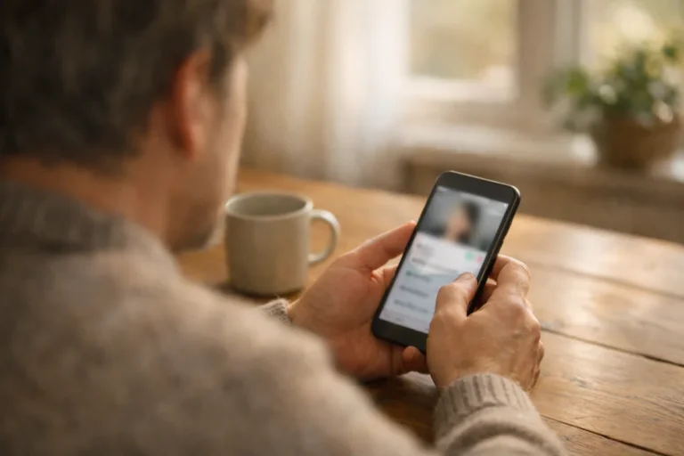 Person, die an einem Tisch auf einem Smartphone den Text eines sozialen Profils betrachtet.