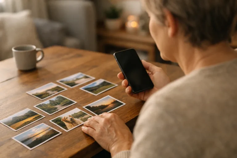 Person betrachtet ein Smartphone und ordnet lose Fotos an einem Tisch für ein neues Instagram Layout.