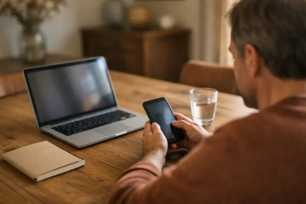 Person betrachtet am Esstisch ein Smartphone neben einem geöffneten Laptop.