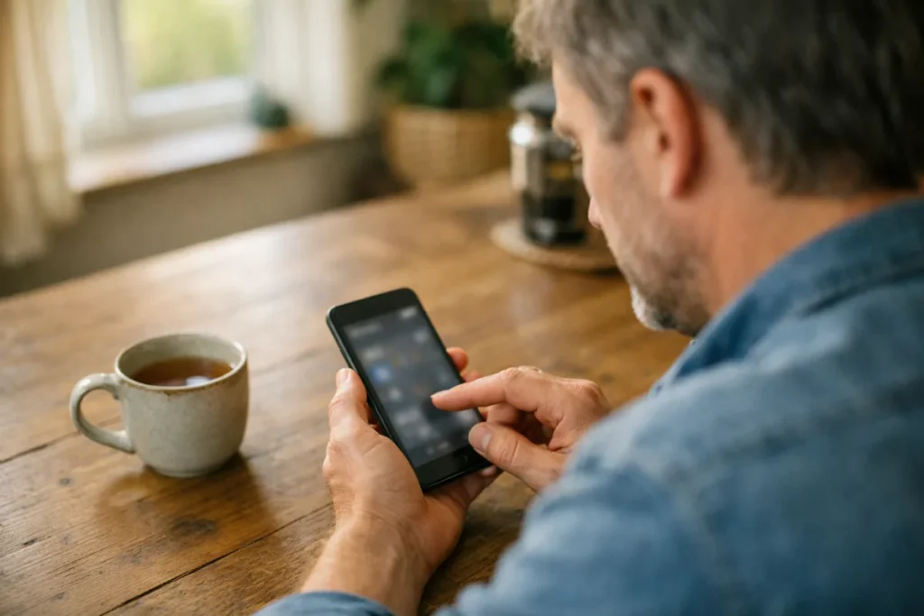 Person am Küchentisch, die sich auf einem Telefon die Spracheinstellungen ansieht.