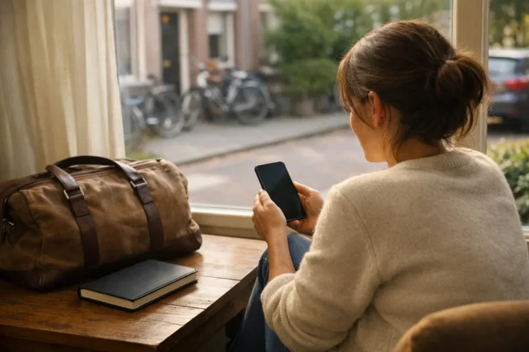 Person betrachtet am Fenster ein Smartphone, daneben steht eine Wochenendtasche auf dem Tisch.