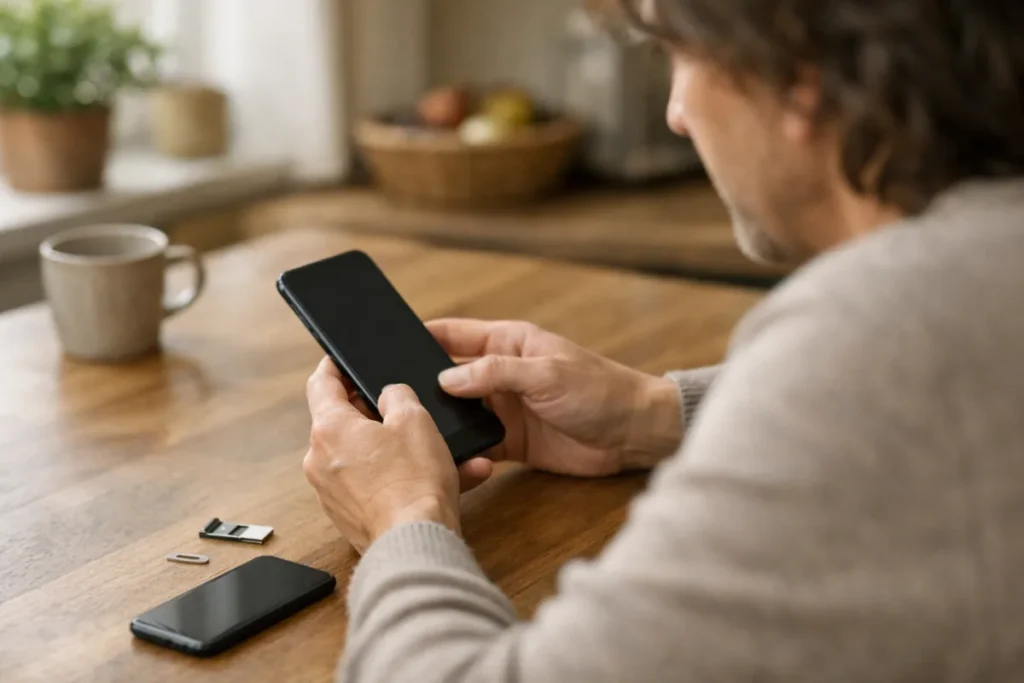 Person betrachtet am Küchentisch ein Smartphone, daneben liegt ein SIM Kartenfach.