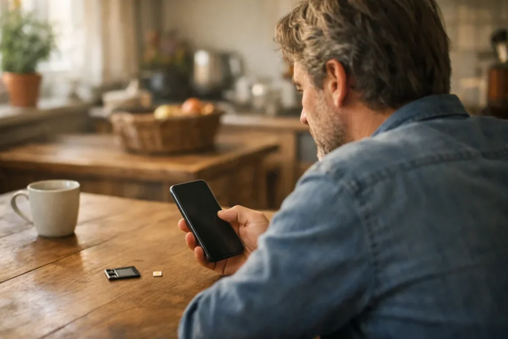 Person mit einem Smartphone am Küchentisch, daneben eine SIM Karte und ein SIM Kartenfach.