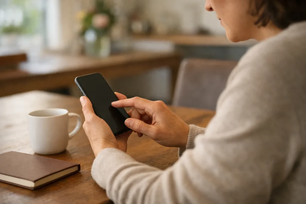 Person, die zu Hause am Esstisch die Datenschutzeinstellungen auf einem Smartphone prüft.