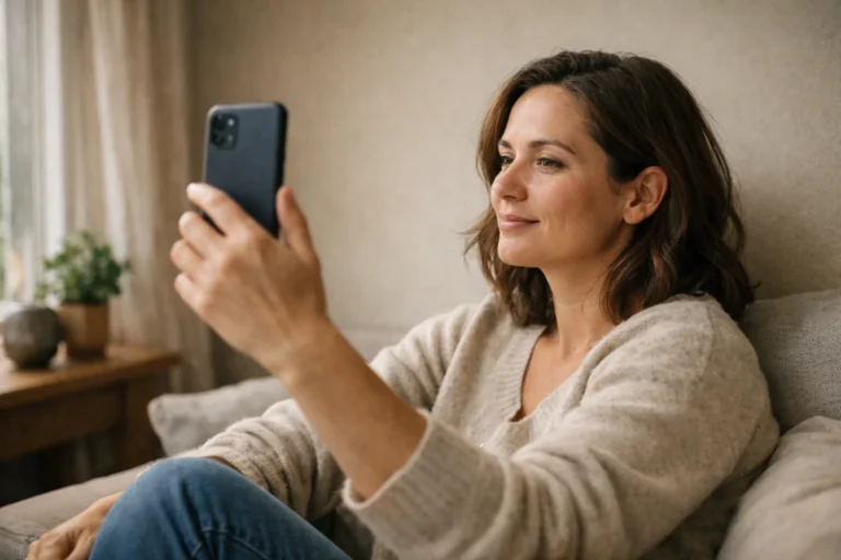 Person, die am Fenster mit einem Smartphone ein Porträtfoto für ihr Profil auf TikTok aufnimmt.