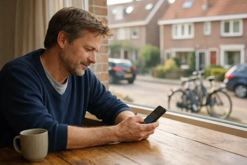 Person schaut an einem Tisch mit Blick auf eine deutsche Wohnstraße auf ein Smartphone.