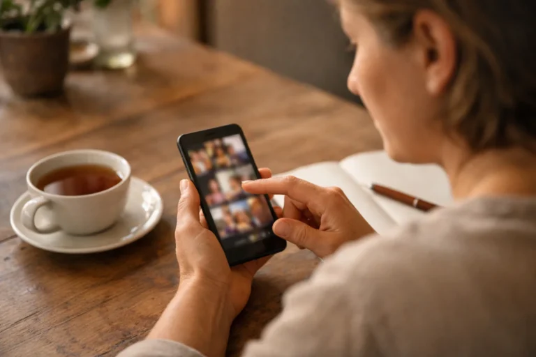 Person sieht sich am Küchentisch Videos auf einem Smartphone an.