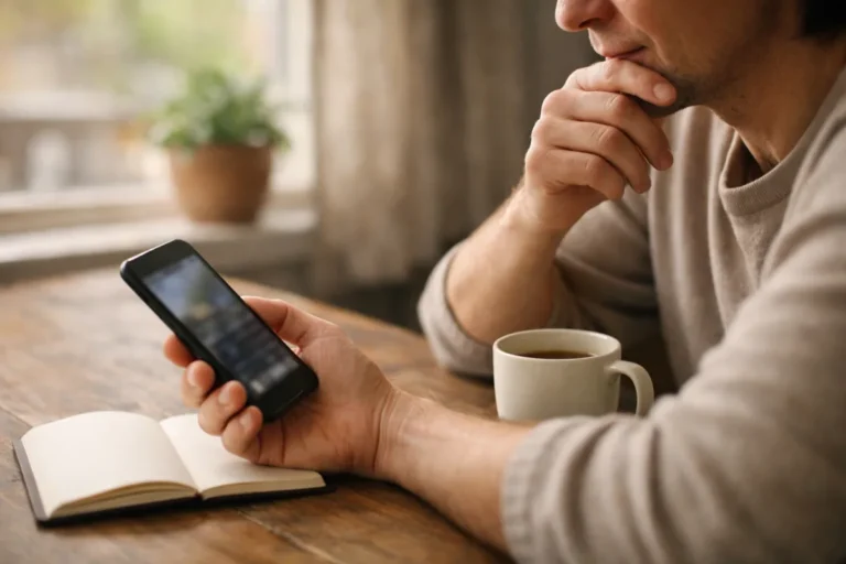 Person betrachtet am Küchentisch ein Smartphone mit einem Notizbuch daneben.