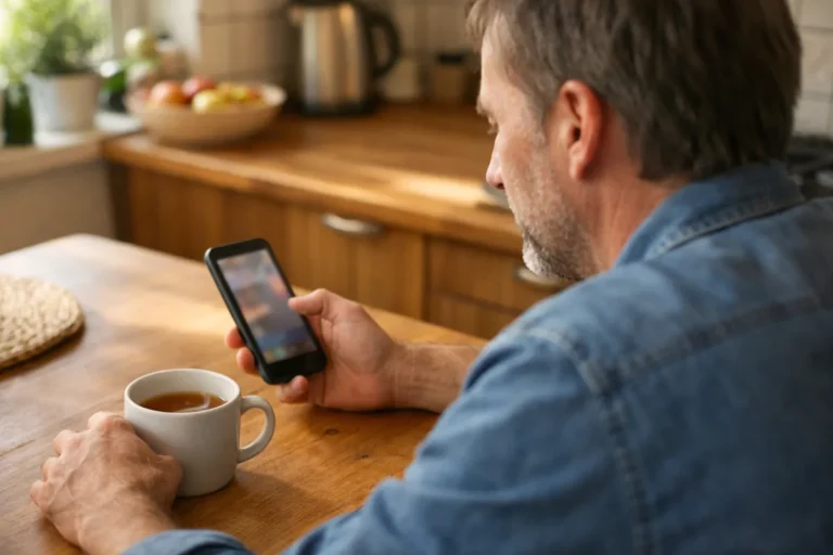 Person an einem Küchentisch, die auf einem Telefon Nachrichten ansieht