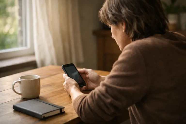 Person, die zu Hause auf einem Smartphone die Kontodaten überprüft.