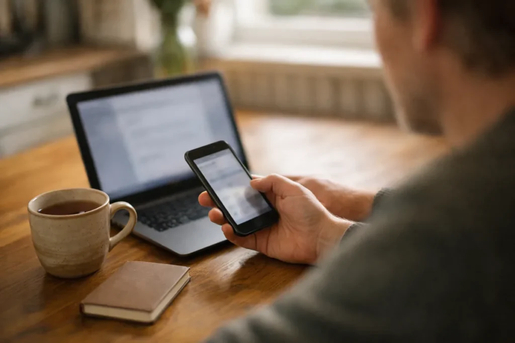 Person betrachtet ein Smartphone neben einem geöffneten Laptop am Küchentisch.