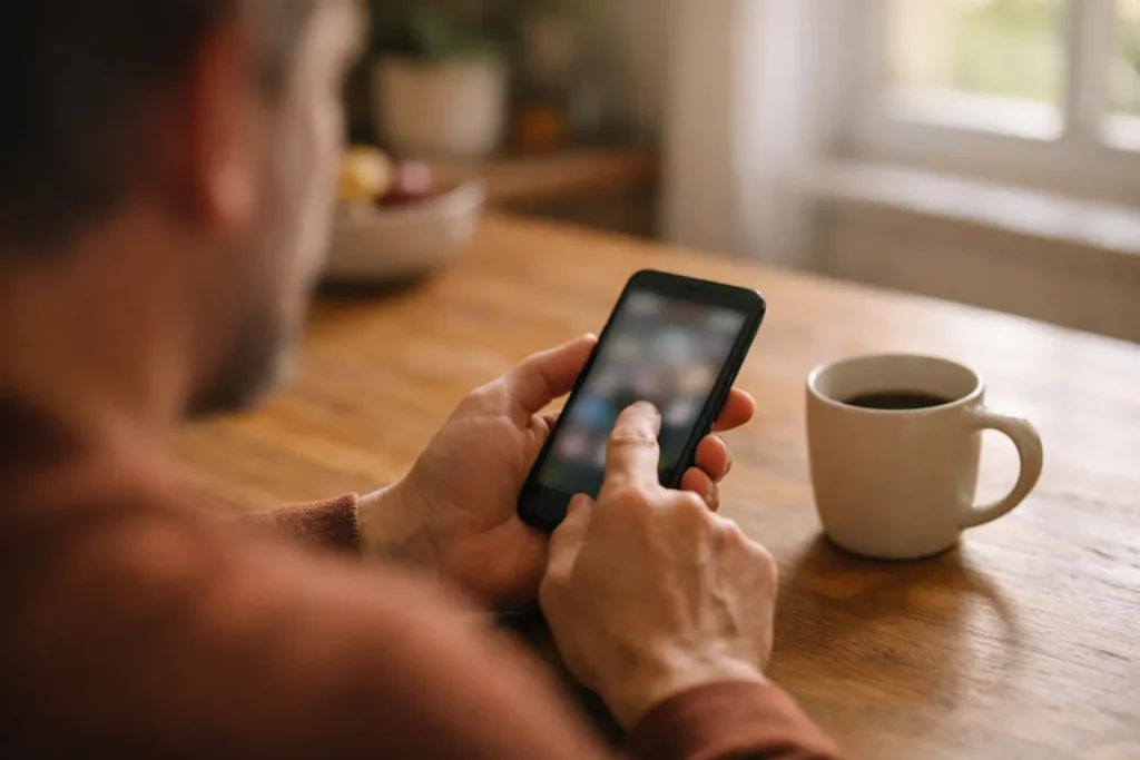 Person, die zu Hause die App Einstellungen auf einem Smartphone betrachtet.