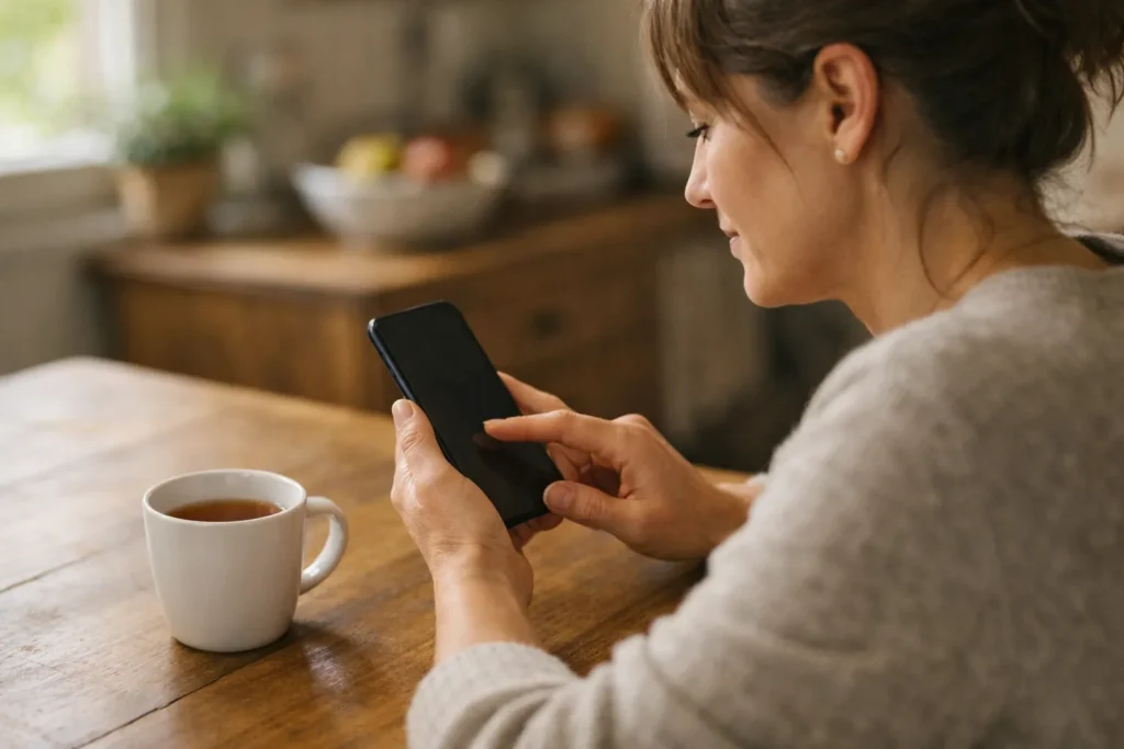 Person betrachtet zu Hause ein Smartphone, um alte Suchanfragen zu löschen.