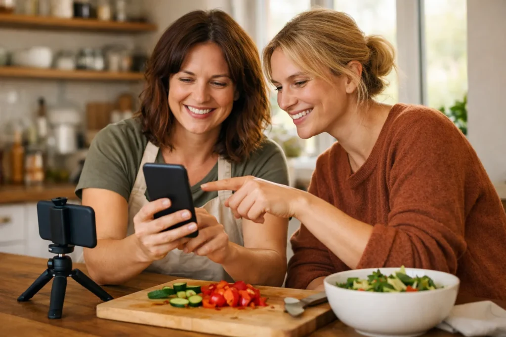 Zwei Freunde betrachten gemeinsam ein Telefon, nachdem sie ein Kochvideo für Instagram aufgenommen haben.