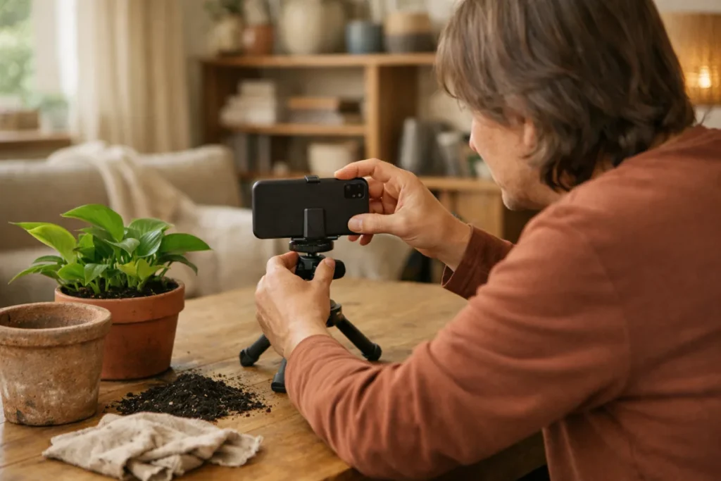 Person stellt ein Telefon bereit, um das Ergebnis einer umgetopften Zimmerpflanze zu filmen.
