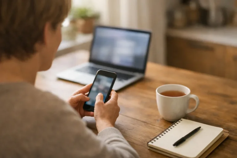 Person benutzt am Küchentisch ein Smartphone mit einem Laptop daneben