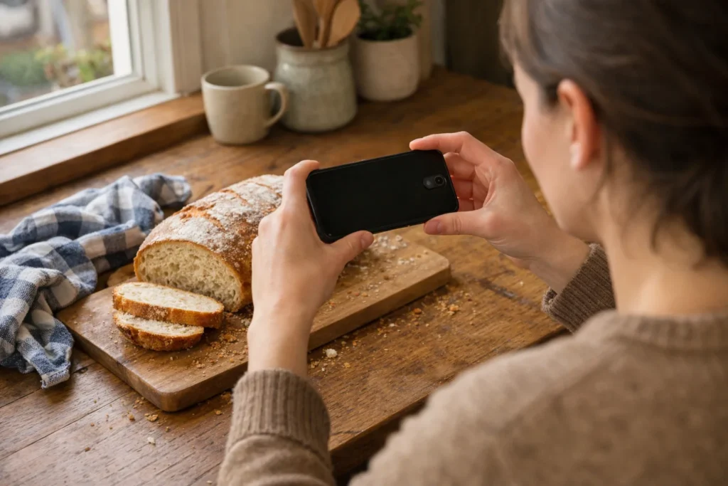 Jemand fotografiert selbst gebackenes Brot mit einem Handy für eine Facebook Story.