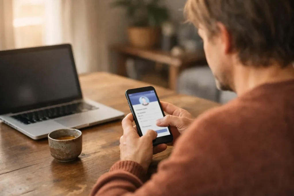 Person, die zu Hause am Tisch ein Instagram Konto auf einem Smartphone einrichtet